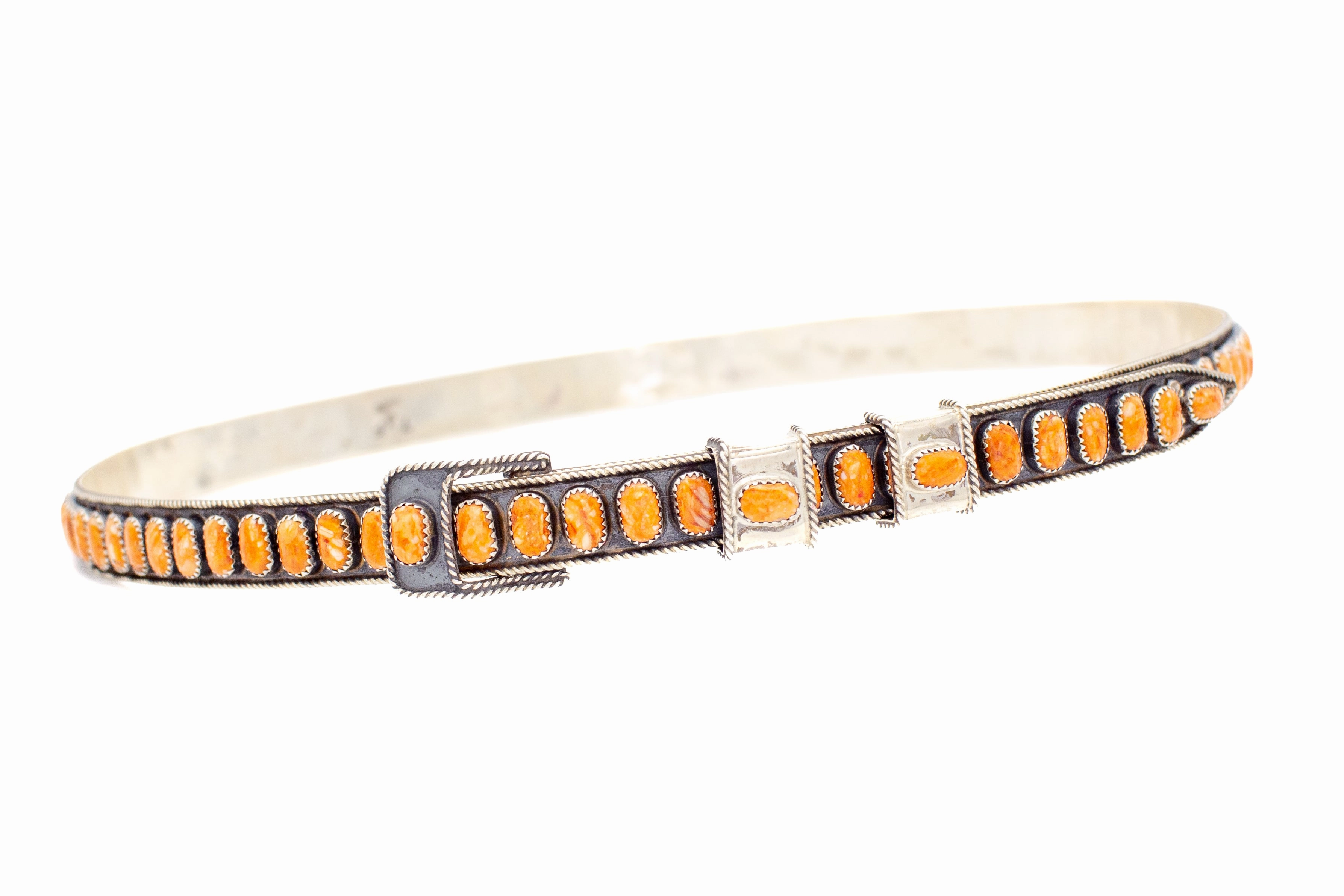 Soft Contrast Delicate Style James Freeland Navajo Handmade Adjustable Sterling Silver Orange Spiny Oyster Hat Band