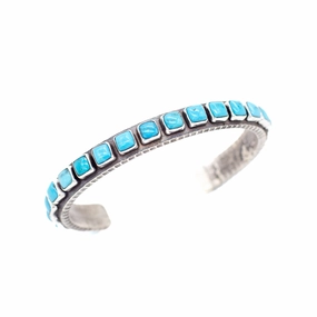 Light Feature Ernest Rangel Navajo Handmade Tufa Cast Sterling Silver Turquoise Cuff Bracelet