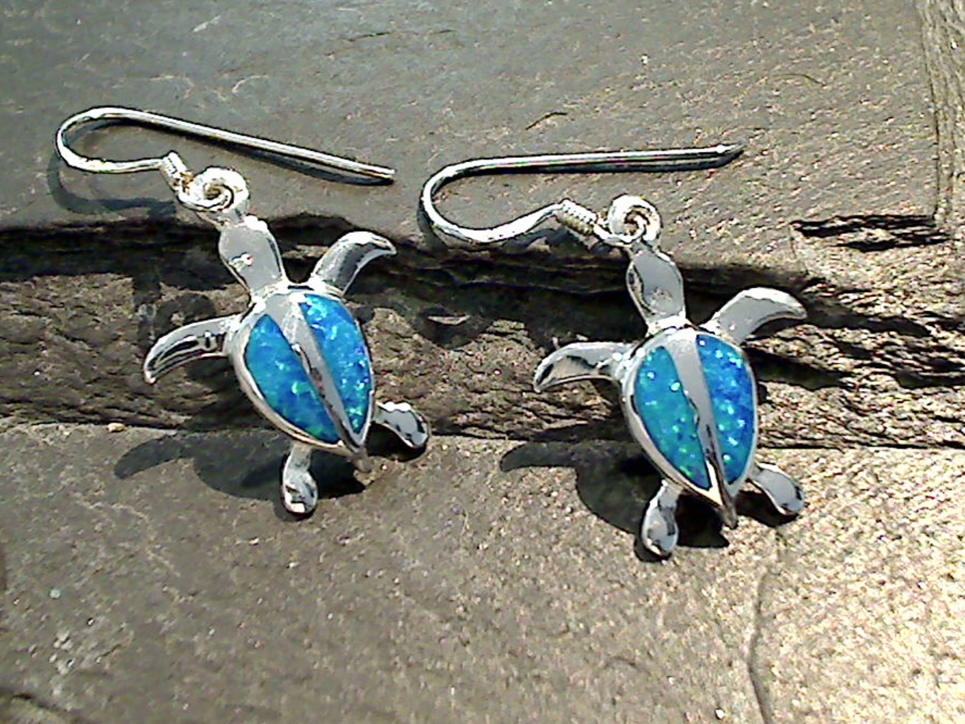 Lab Created Opal, Sterling Silver Sea Turtle Earrings Festive Touch