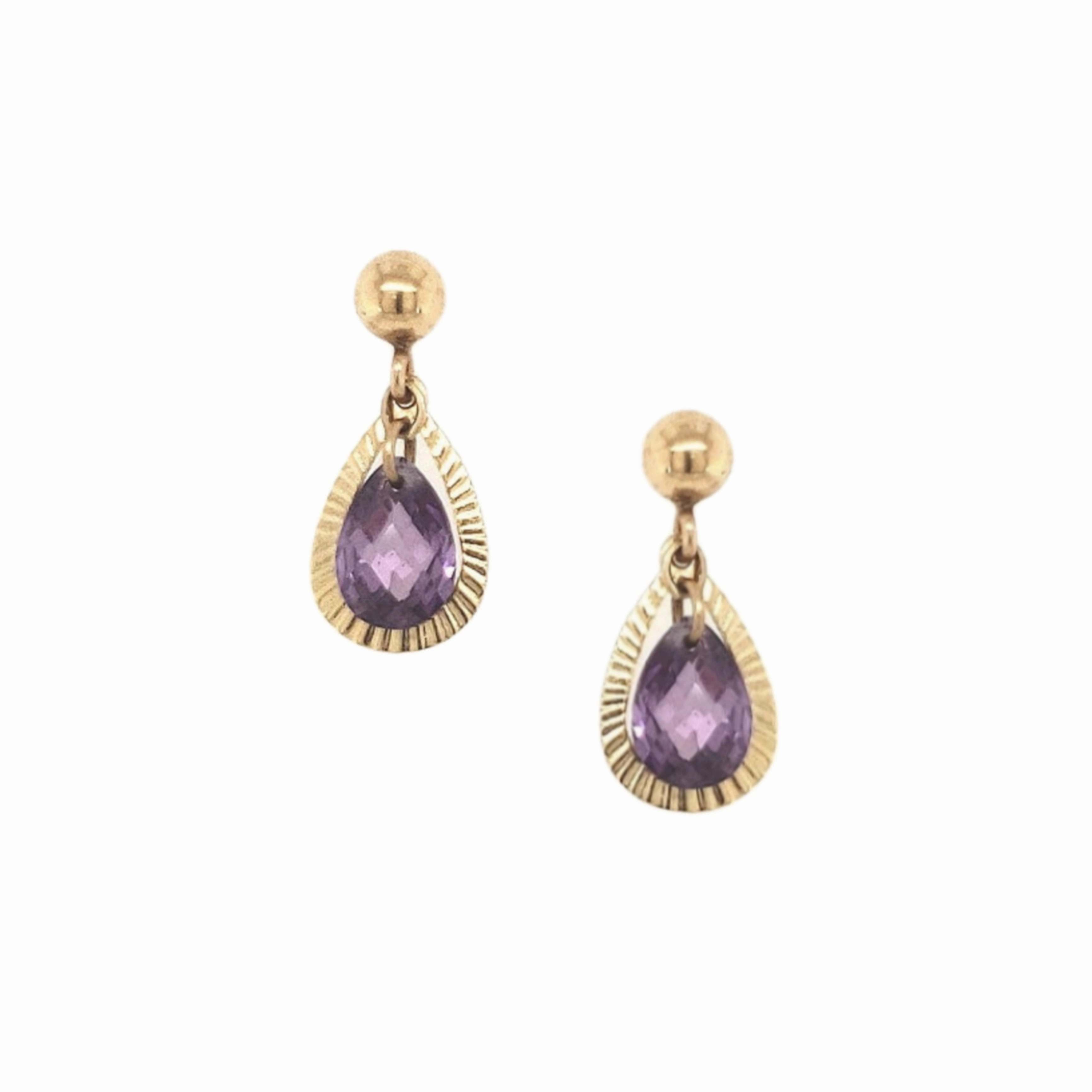 Signature Finish Valentine Gift 14k Gold Open Teardrop With Purple CZ in Center On Screwback Post Earring