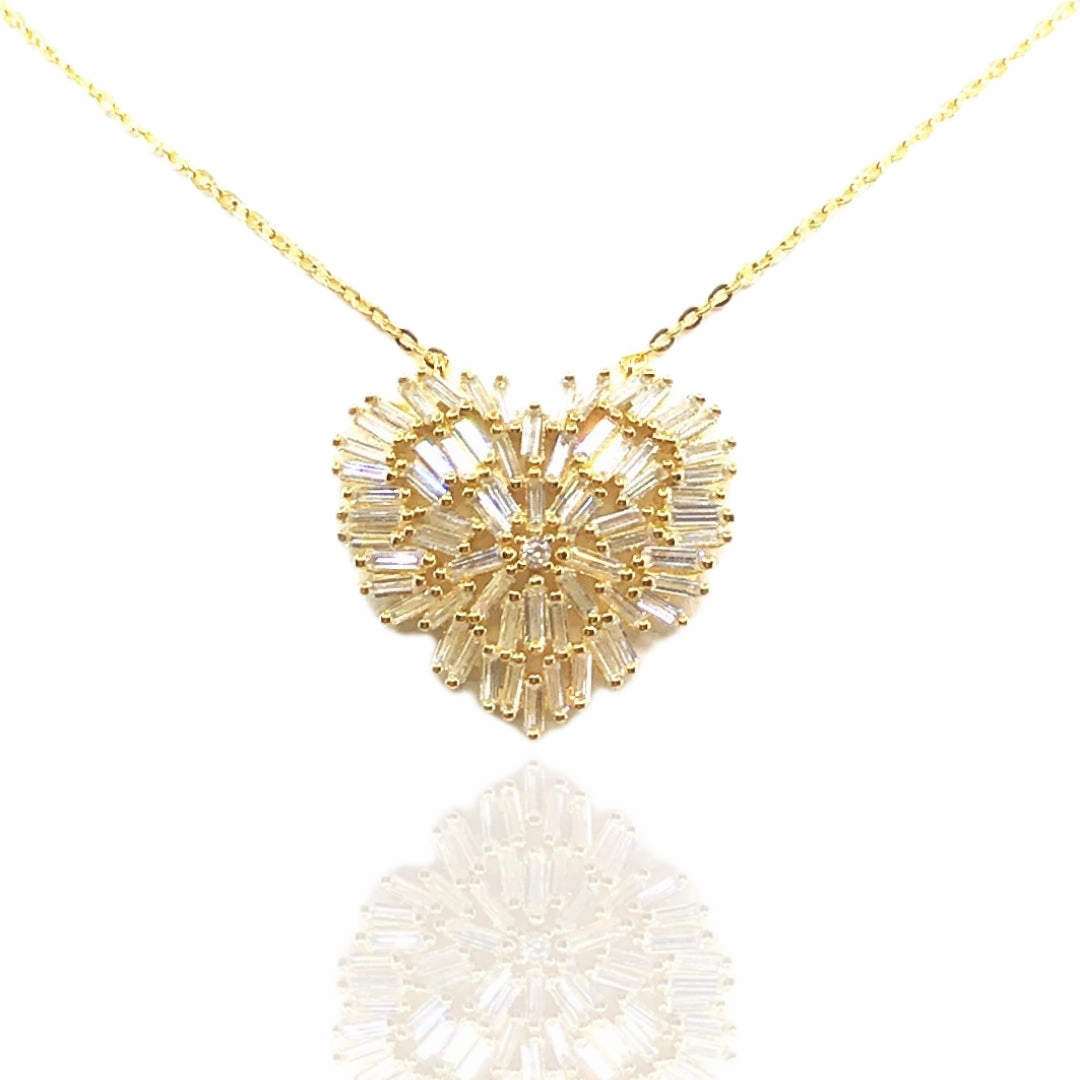 Shimmer Light Fresh Finish Sterling Silver Baguette Heart Necklace