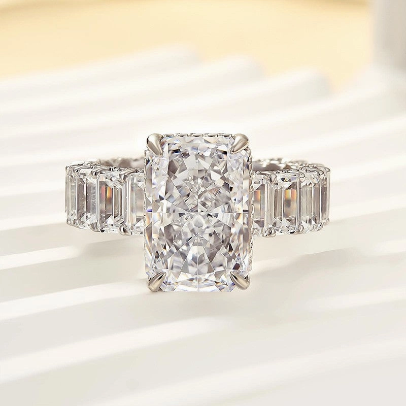 Luxurious 5.0 Carat Radiant Cut Engagement Ring With Emerald Cut Band Vintage Appearance