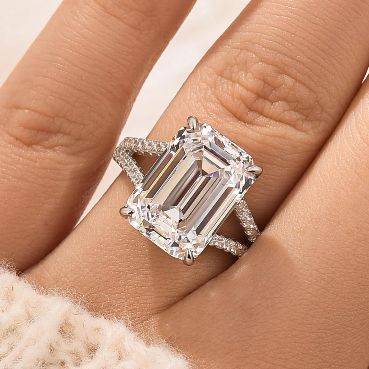 Durable Decoration Gift Idea 10.0Ct Emerald Cut Split Shank Engagement Ring In Sterling Silver