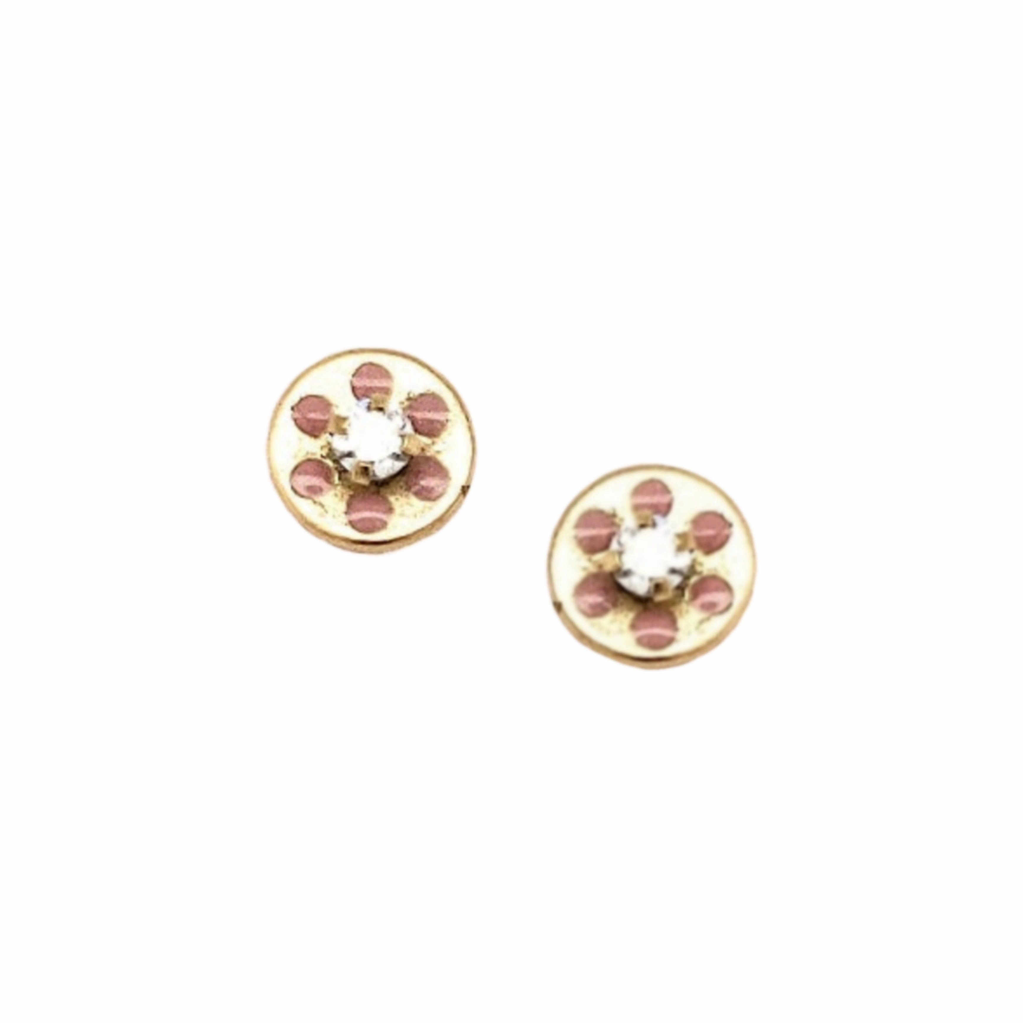 14k Gold Pink Dotted Circle With Center CZ Screwback Earring Natural Spark