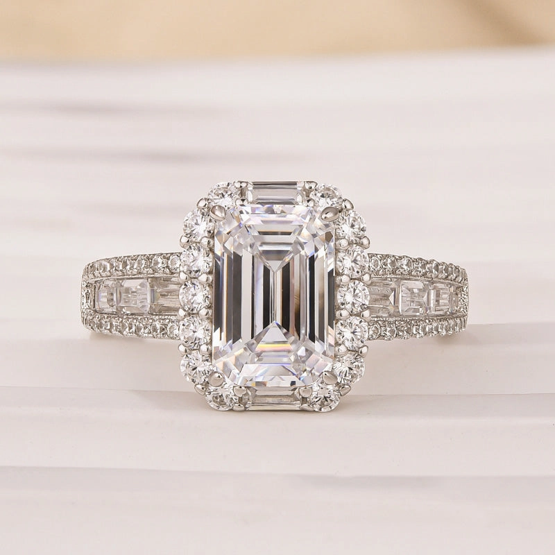 Luxurious Halo Emerald Cut Engagement Ring In Sterling Silver Timeless Beauty Strong Embellishment