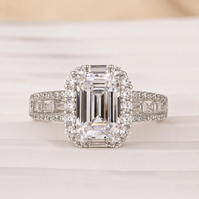 Luxurious Halo Emerald Cut Engagement Ring In Sterling Silver Vintage Article Superior Craft