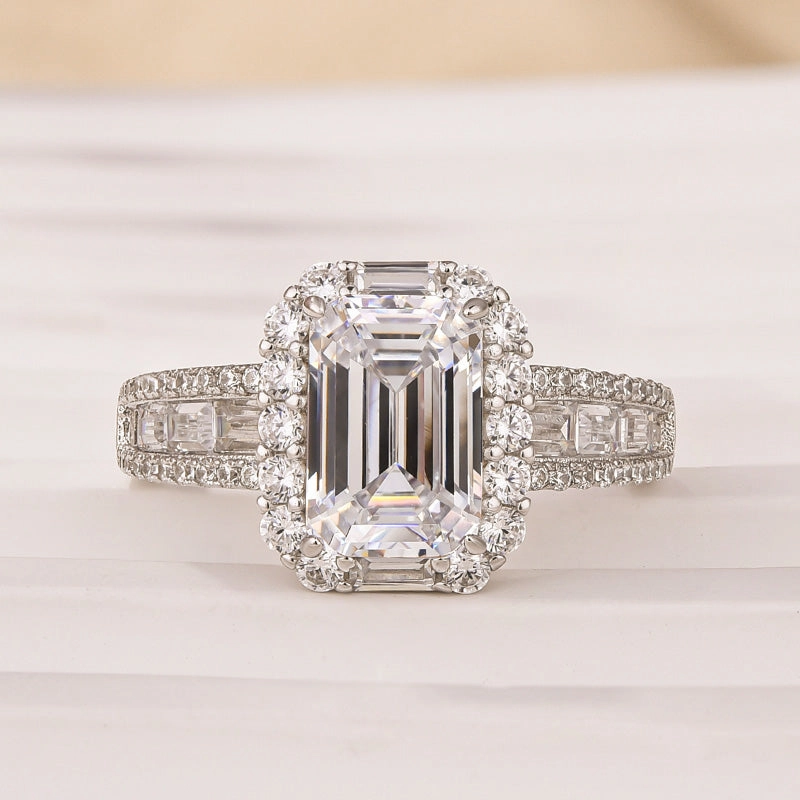Group Identity Luxurious Halo Emerald Cut Engagement Ring In Sterling Silver