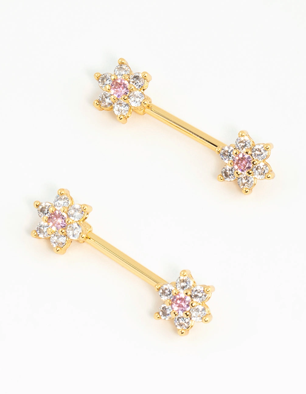 Gold Plated Surgical Steel Cubic Zirconia Flower Nipple Bars 2-Pack Sparkling finish