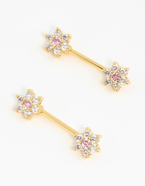 Gold Plated Surgical Steel Cubic Zirconia Flower Nipple Bars 2-Pack Sparkling finish