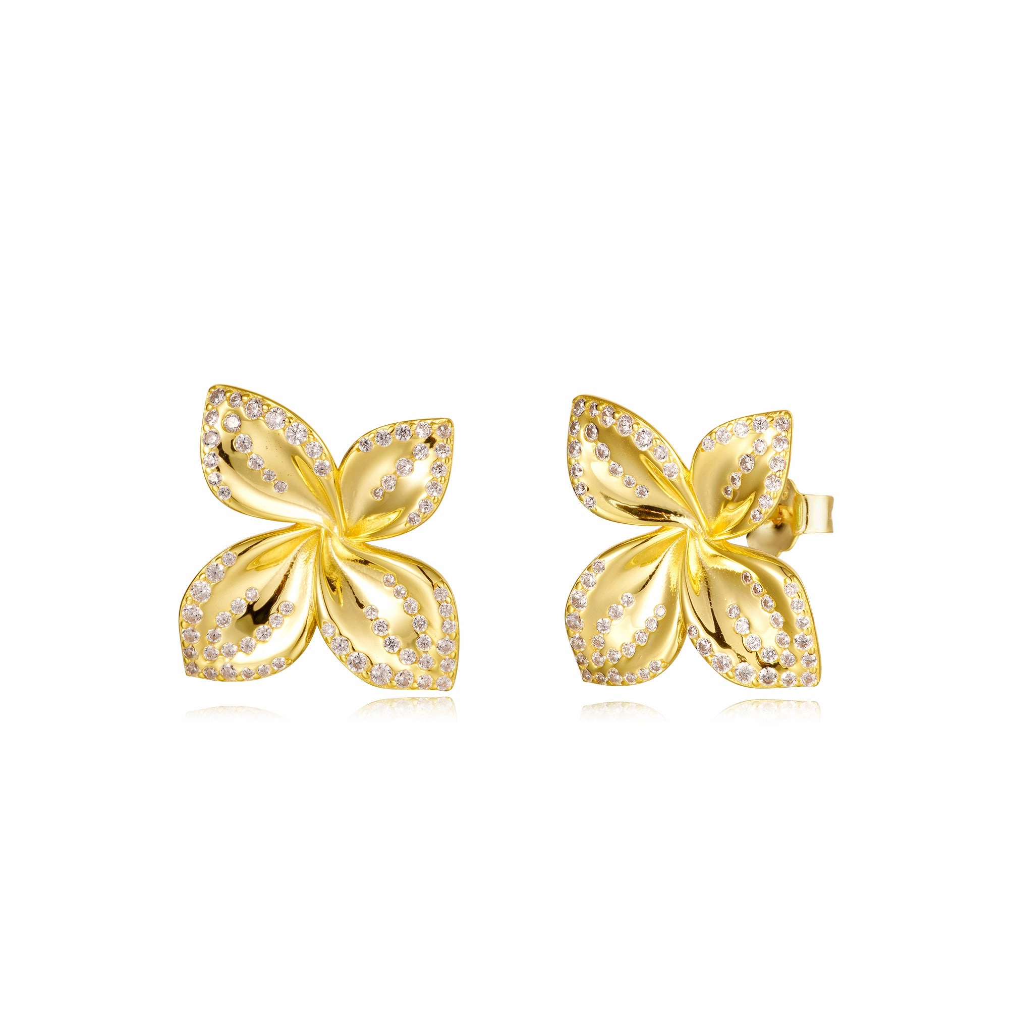 Sterling Silver Gold Plated Four Petal With CZ Stud Earrings Impeccable Form