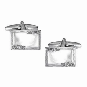 Sterling Silver Rectangle Engraved Edge Hallmarked Cufflinks Polished Accent