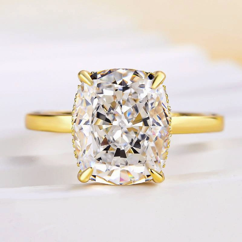 Louily Luxury Yellow Gold Crushed Ice Cushion Cut Engagement Ring In Sterling Silver Gloss Detail Fine Jewelry