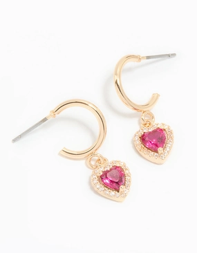 Gold Pink Cubic Zirconia Encased Heart Huggie Earrings Finest Craft Layering Game