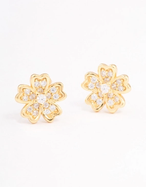 Gold Plated Sterling Silver Cubic Zirconia Flower Stud Earrings Gloss Shine Modern Sparkle