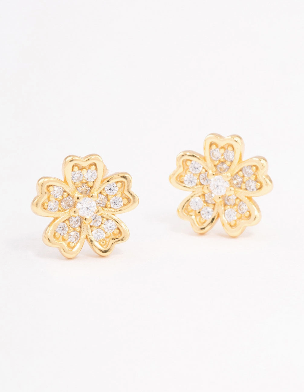 Gold Plated Sterling Silver Cubic Zirconia Flower Stud Earrings Gloss Shine Modern Sparkle