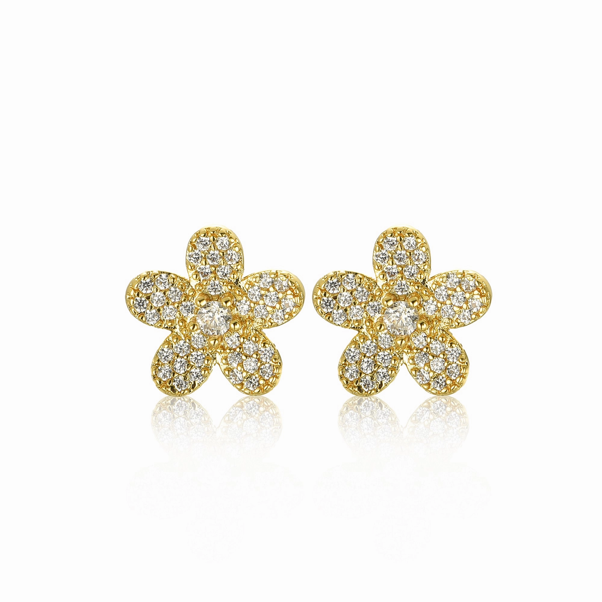 Surgical Steel 5 Petal Micropave Flower Stud Earrings Elegant Details Shining Sparkle