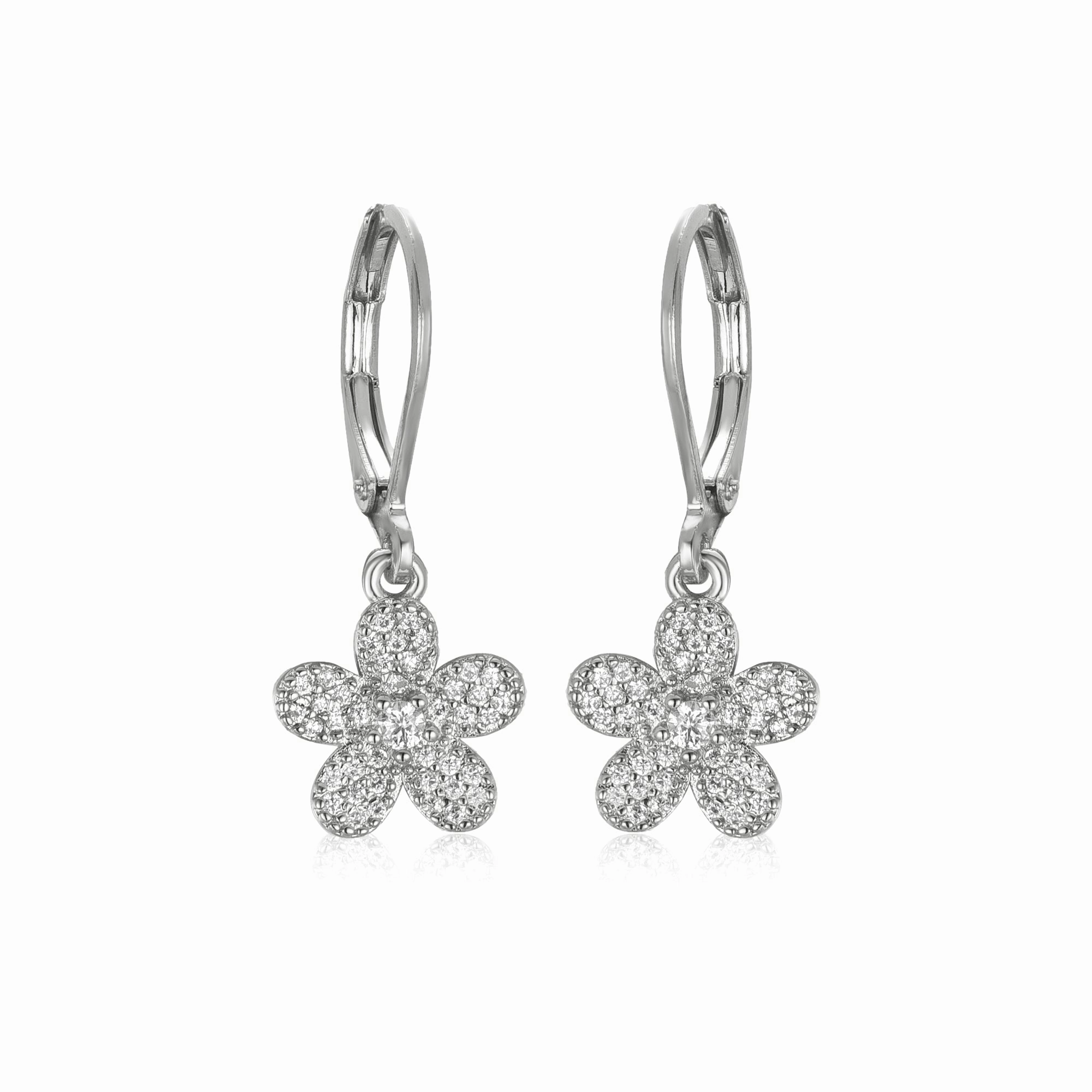 Surgical Steel 5 Petal Micropave Flower Stud Earrings Bright Detail Radiant Touch Pieces