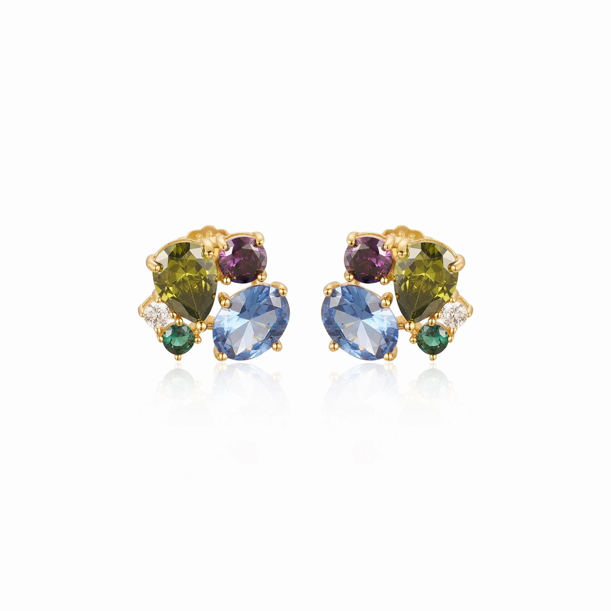 Sterling Silver Gold Plated Multi Shaped Multi Color CZ Stud Earring Luxe Touch Distinctive Glow