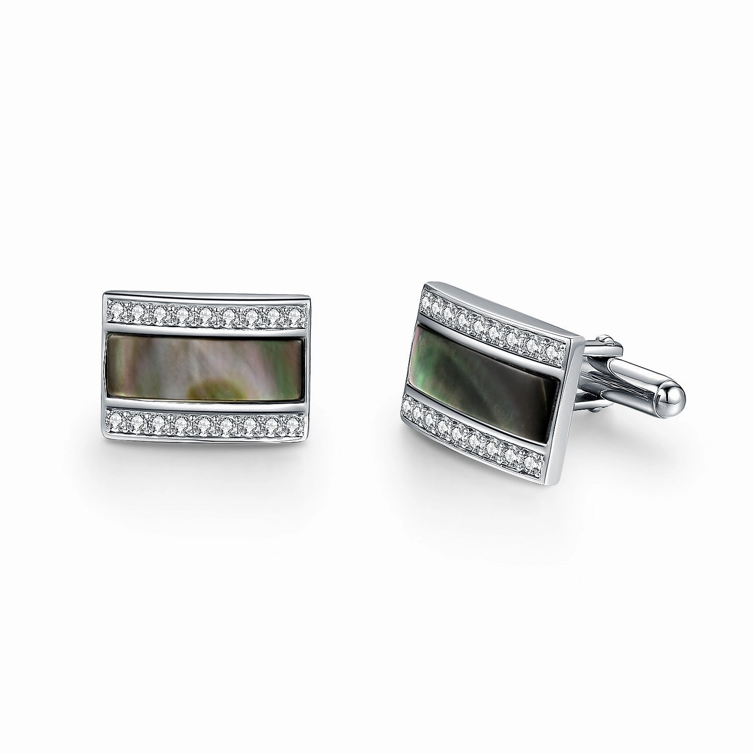 Exclusive Charm Rhodium Plated Sterling Silver Mother of Pearl / Black Onyx and CZ Rectangular Cufflinks