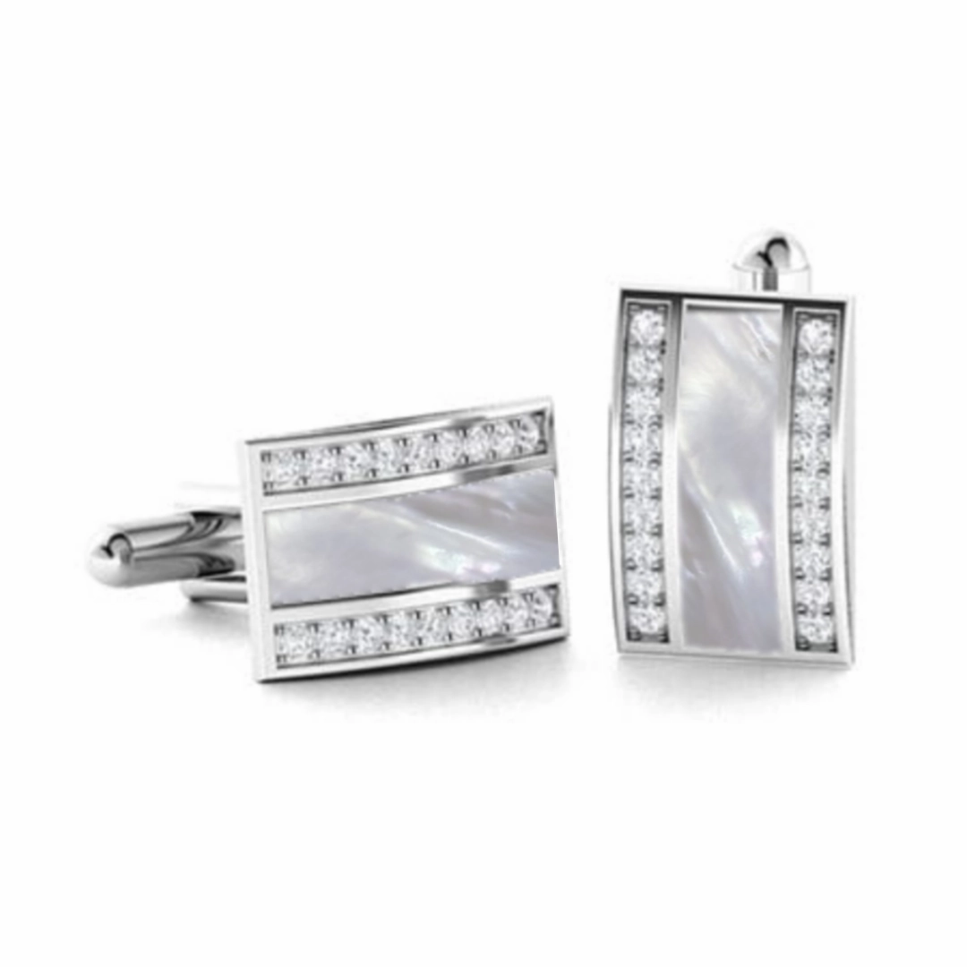 Rhodium Plated Sterling Silver Mother of Pearl / Black Onyx and CZ Rectangular Cufflinks Artful Accent Delicate Pair