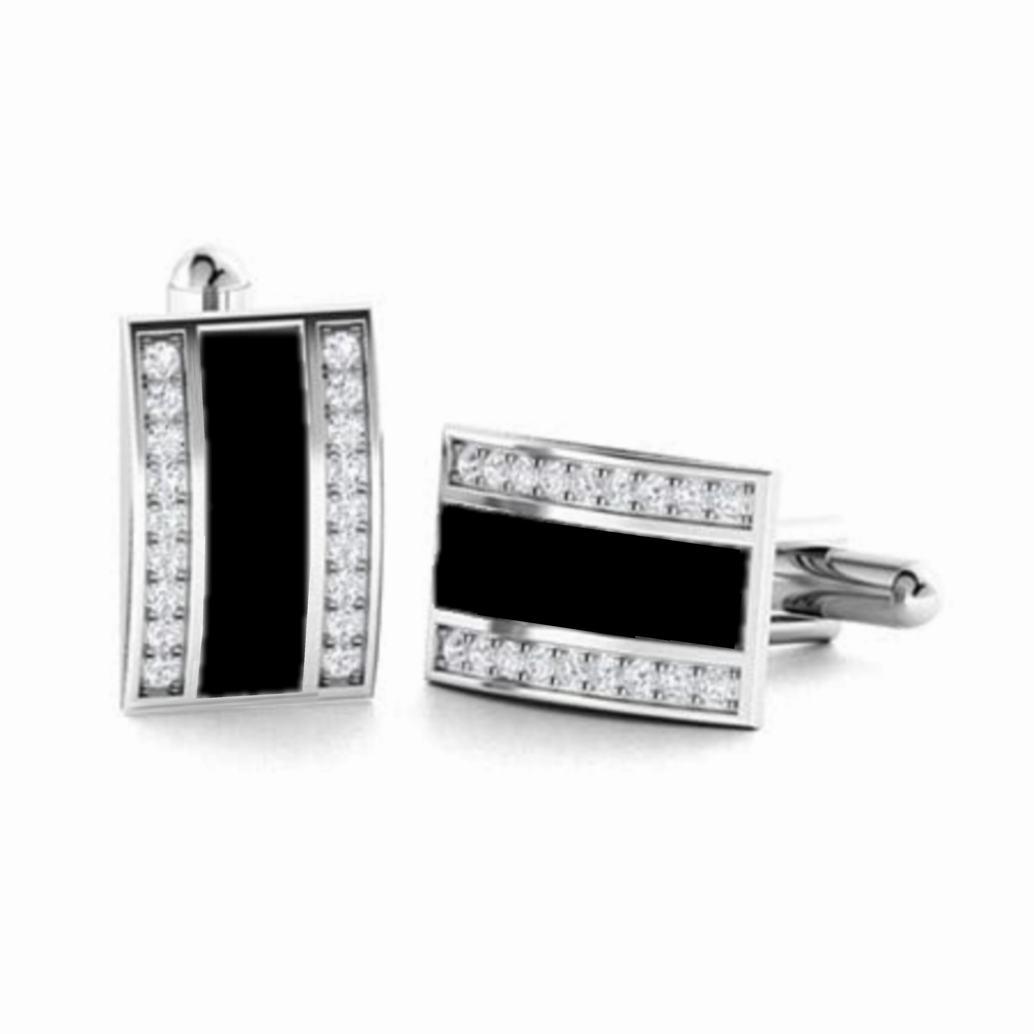 Rhodium Plated Sterling Silver Mother of Pearl / Black Onyx and CZ Rectangular Cufflinks Dazzling Edge