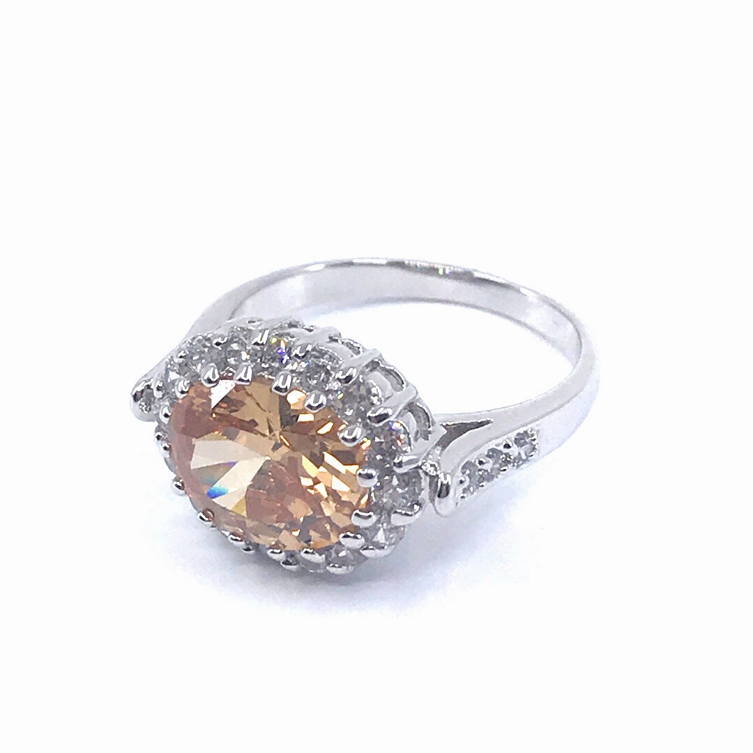 Shiny Jewels Rhodium Plated Sterling Silver Orange Oval Stone Ring