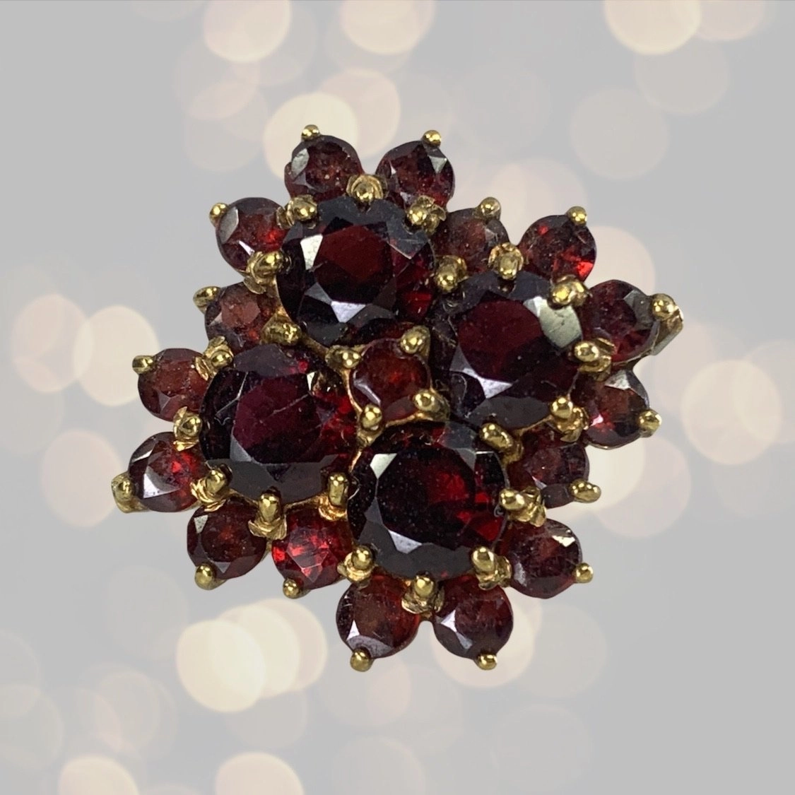 Statement Shine 1970s Bohemian Garnet Cluster Ring in Yellow Gold. Statement Cocktail Right Hand Ring.