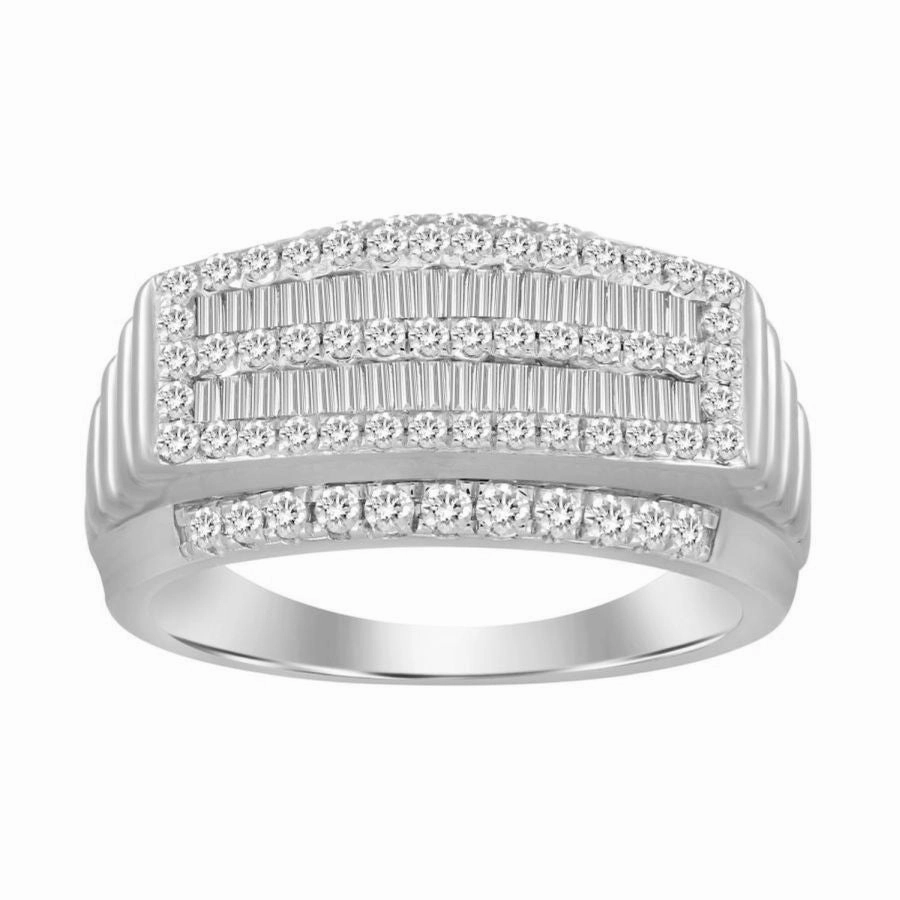 Vibrant Jewelry Look Smart Casual MEN'S RING 1.00CT ROUND/BAGUETTE DIAMOND 10K WHITE GOLD