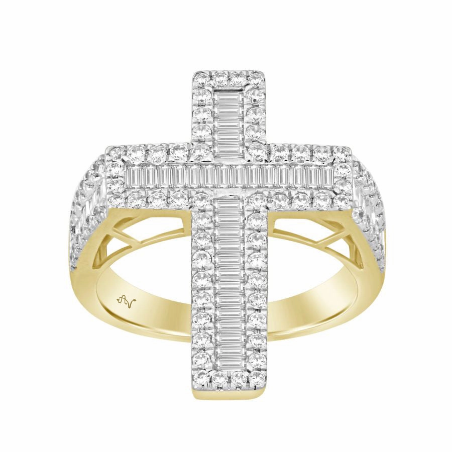 MEN'S  RING 1.65CT ROUND/BAGUETTE DIAMOND 10K YELLOW GOLD Graceful Layer Glittering Details