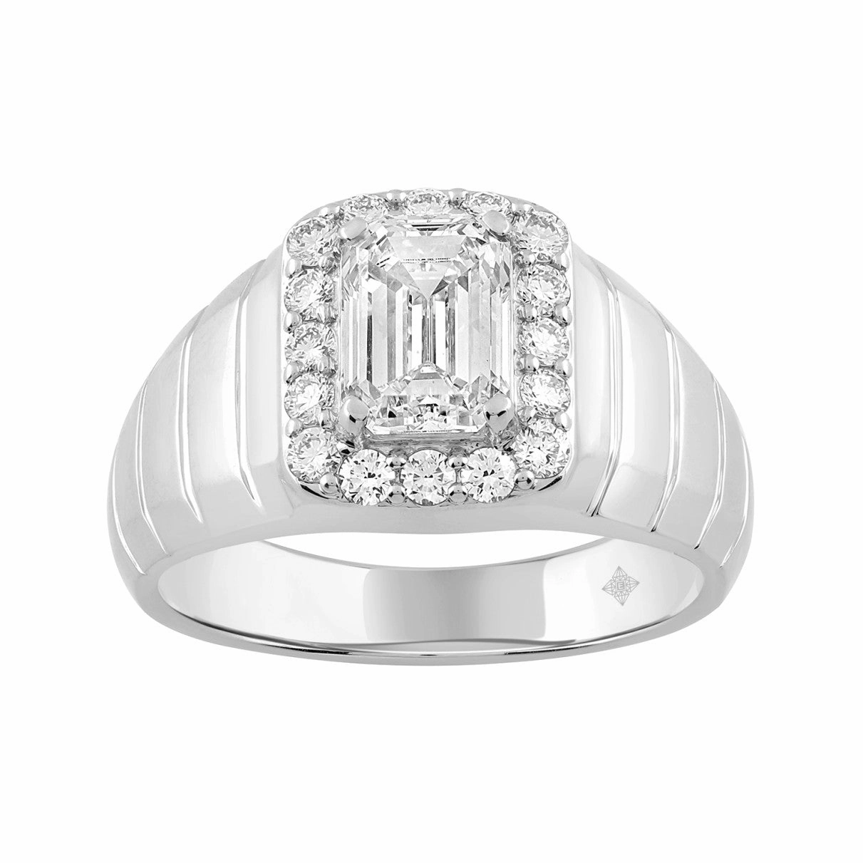 MENS RING 2 1/2CT ROUND/EMERALD DIAMOND 14K WHITE GOLD Mature Style Elegant Pairing