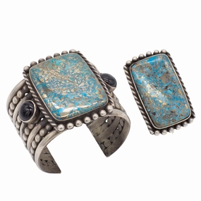 Mike Bird Romero Vintage Sterling Silver Turquoise Cuff Bracelet and Ring Set Seasonal Look Trend Accent