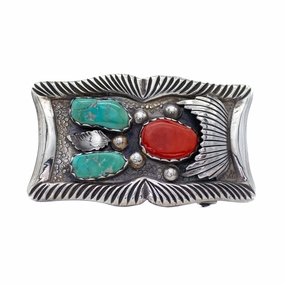 Gleaming Craft Mike Simplicio Vintage Sterling Silver Coral & Turquoise Belt Buckle