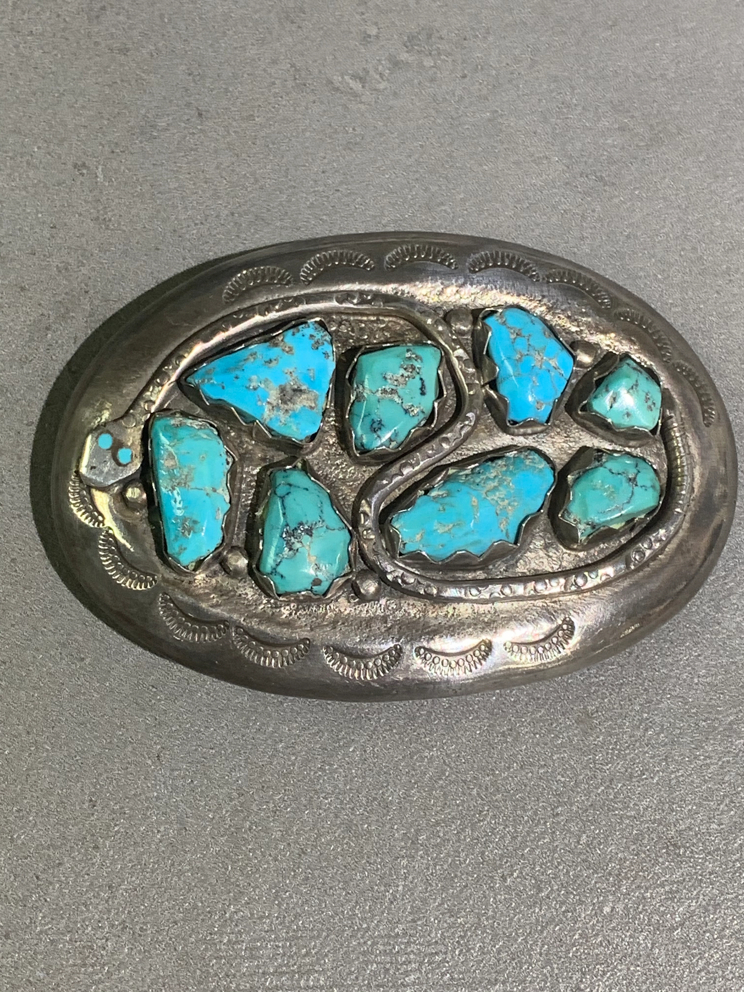 Formal Detail Distinctive Detail Effie Calavaza Zuni Turquoise Sterling Silver Belt Buckle