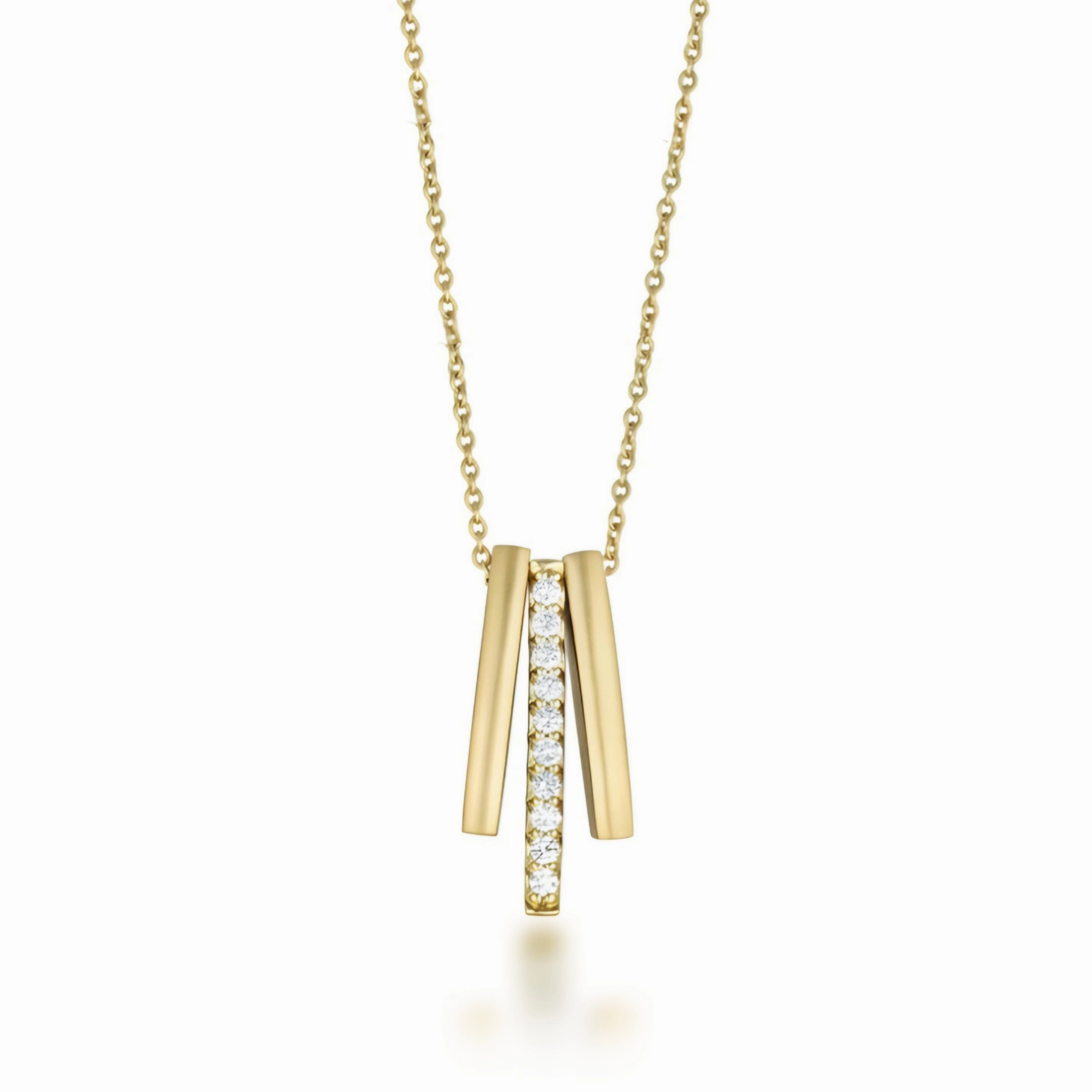 Bold Highlight Sleek Design Sterling Silver Gold Plated Three Vertical Bar With CZ Necklace