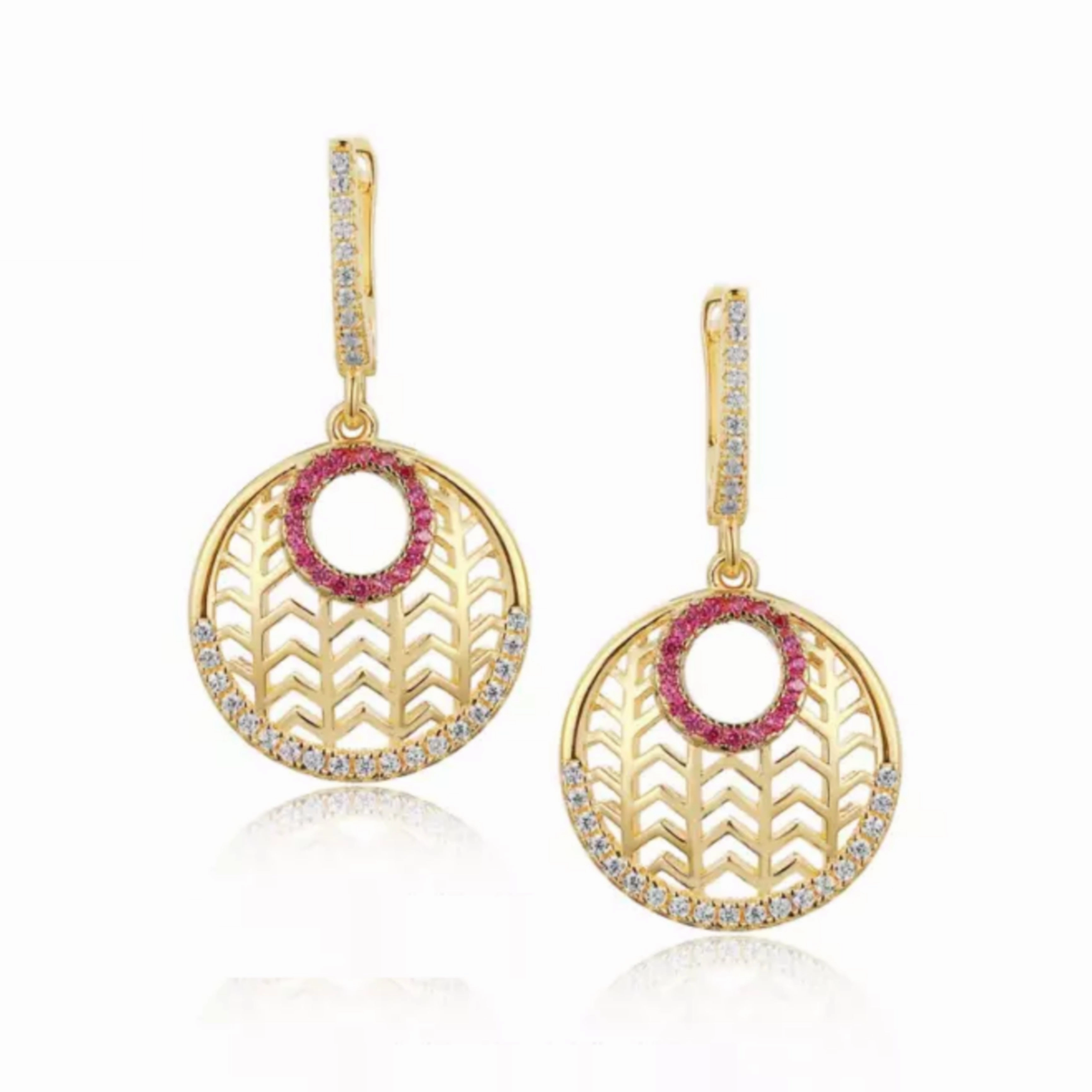 Sterling Silver Gold Plated Circle With Clear and Ruby CZs Earring Bold Sparkle