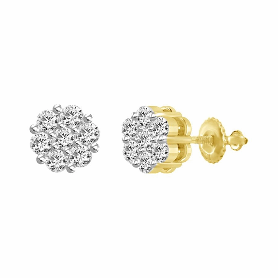 Petite Edge Glossy Finish LADIES FLOWER EARRINGS 0.75CT ROUND DIAMOND 14k YELLOW GOLD
