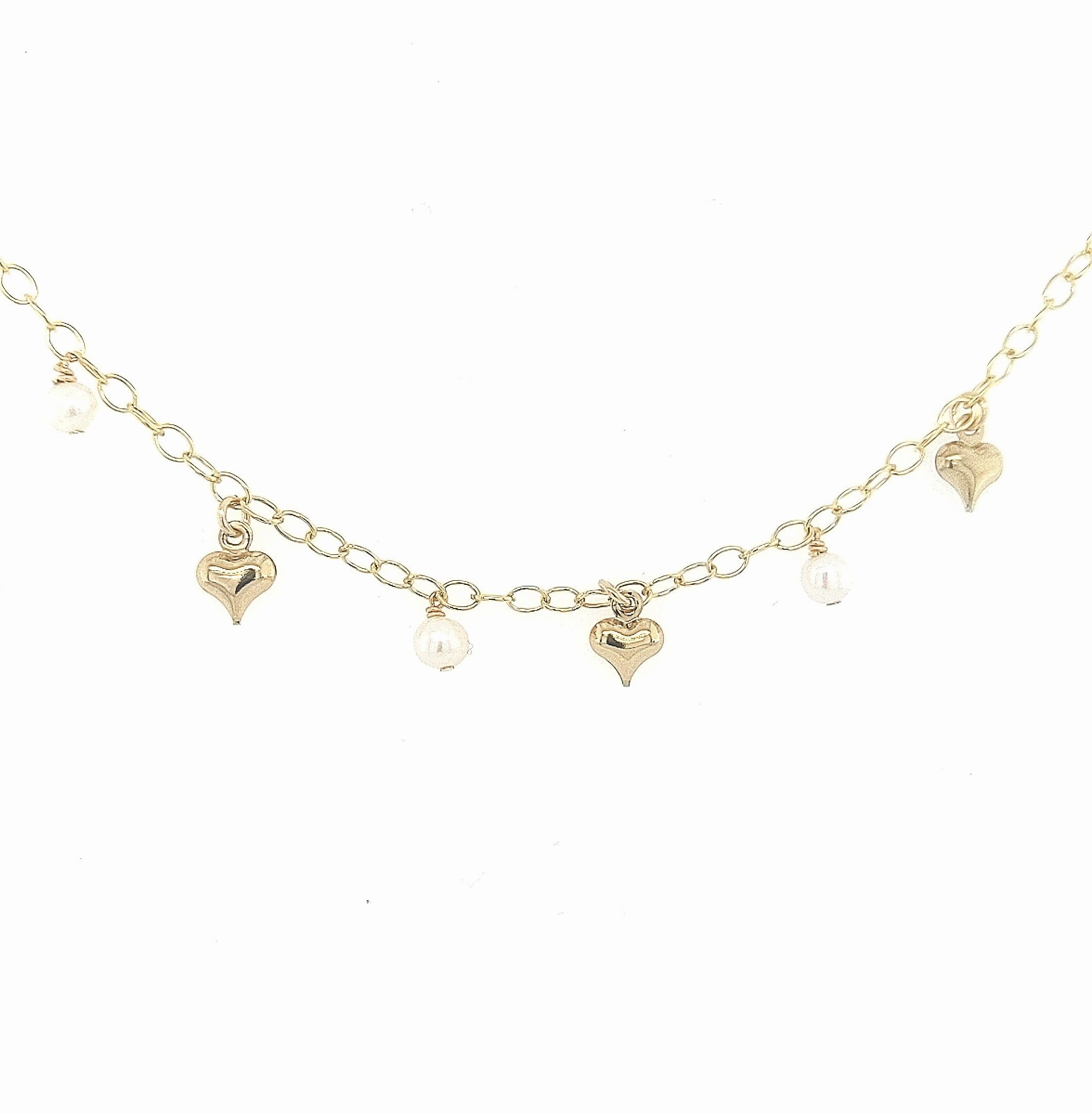 Gold Filled Chain With Hanging Gold Heart and Pearl Children's Bracelet Refined Detail