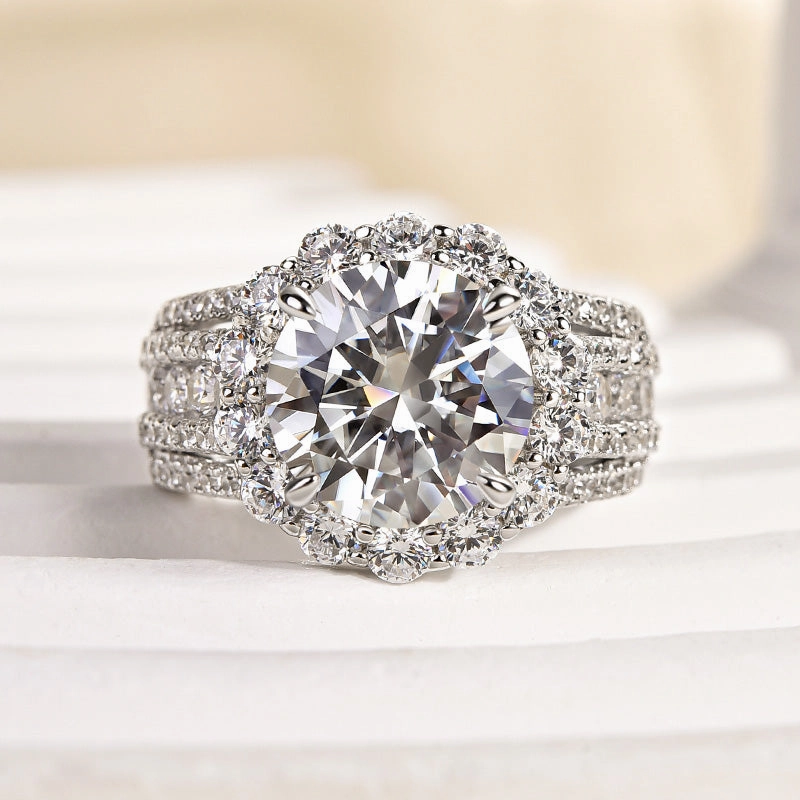 Louily Unique Halo Design Round Cut Engagement Ring In Sterling Silver Quality Ornament Luxurious Appearance