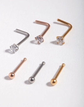 Chic Evening Mixed Metal Cubic Zirconia Nose Stud 6-Pack
