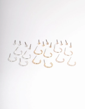 Casual Charm Mixed Metal Plain & Dimanate Stud & Hoop Earring 12-Pack