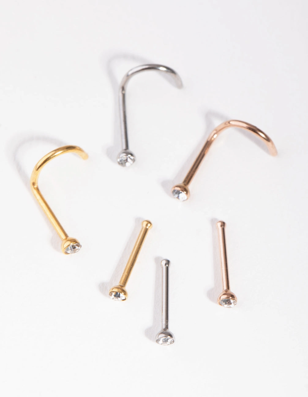 Mixed Metals Diamante Nose Stud 6-Pack Modern Design Breezy Style