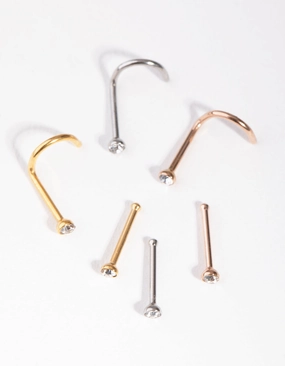 Mixed Metals Diamante Nose Stud 6-Pack Modern Design Breezy Style