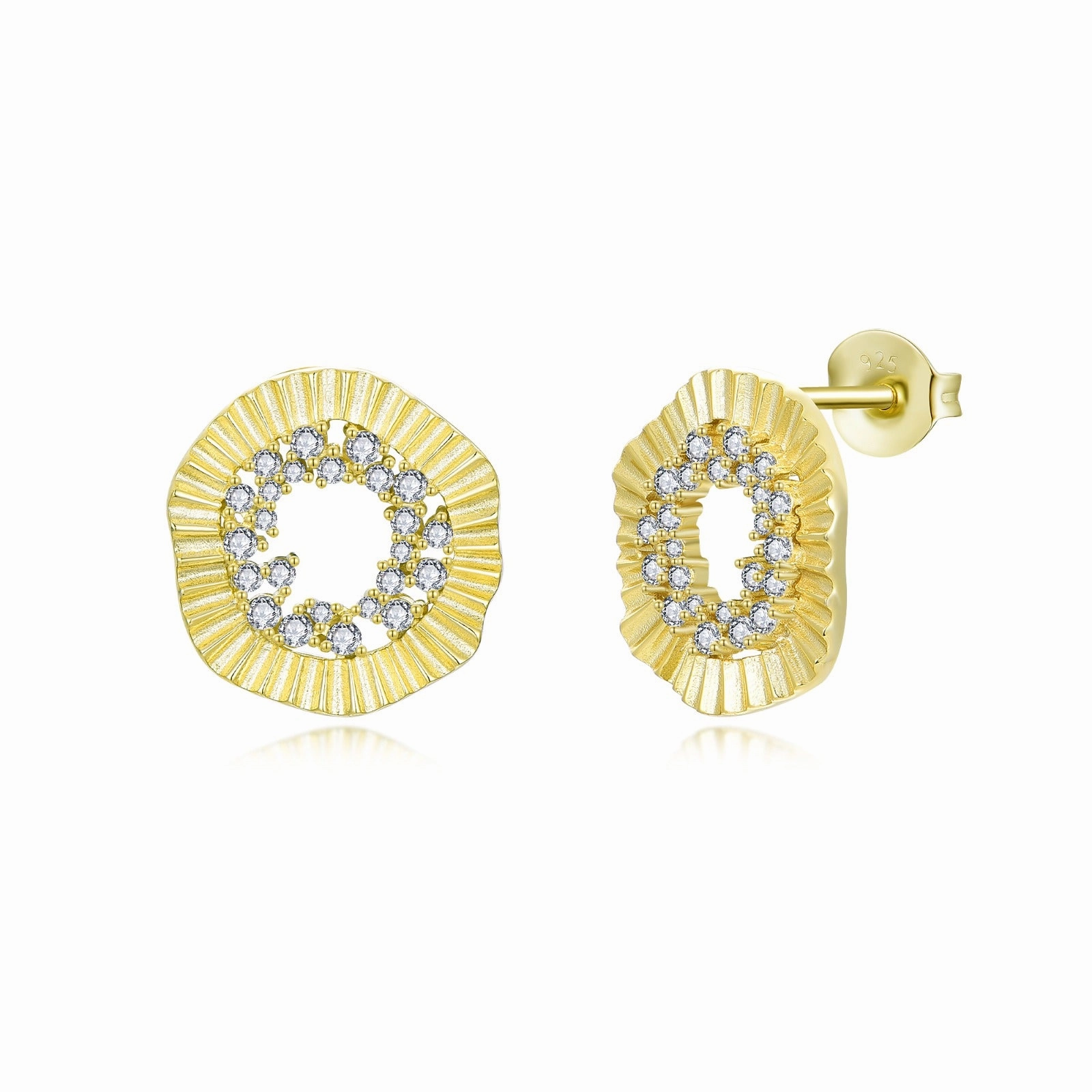 Sterling Silver Gold Plated Rounded Fan Shape CZ Center Stud Earrings Fall Mood
