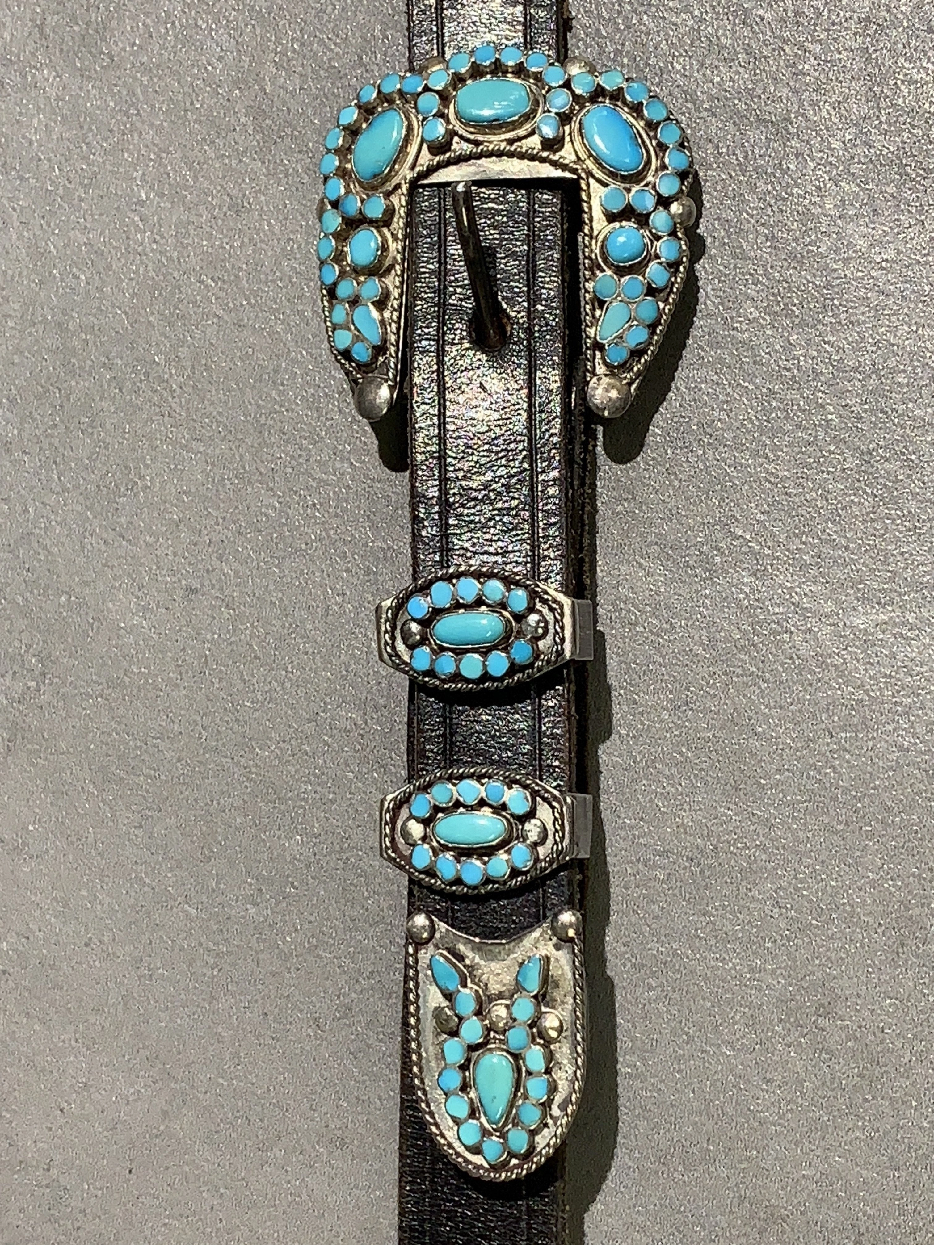 Glitter Finish Balanced Highlight Virgil Dishta Sr. Zuni Turquoise Sterling Silver Ranger Set