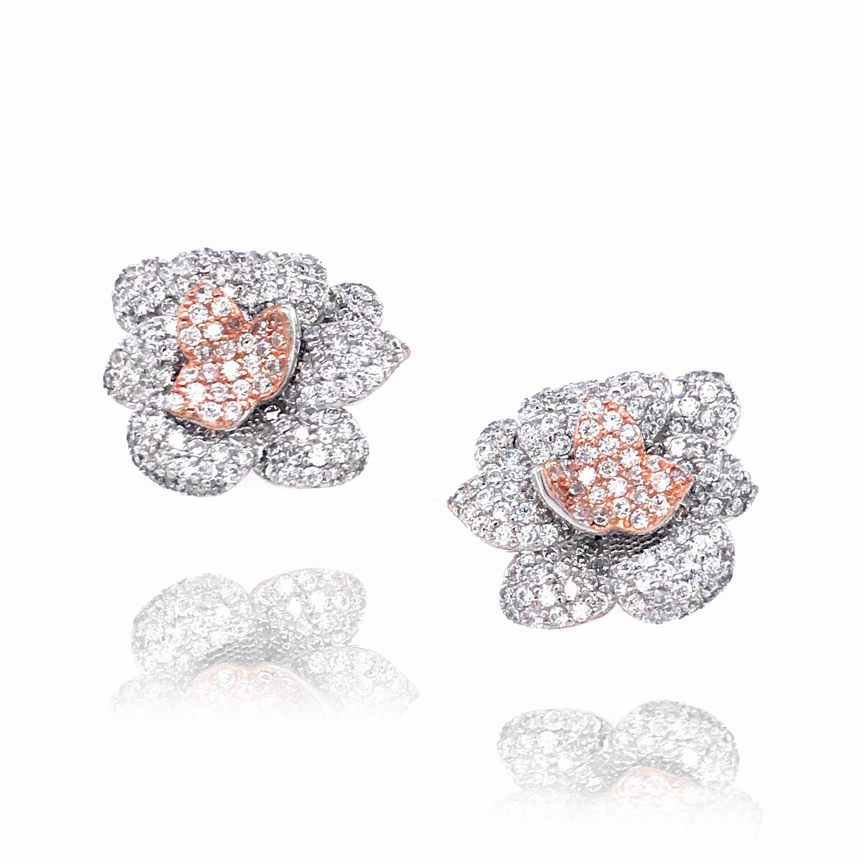 Sleek Spark Sterling Silver Two Tone MicroPave Flower Stud Earrings