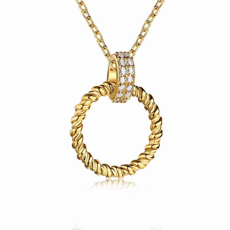 Elegant Contour Sterling Silver CZ Rondelle and Textured Circle Pendant Necklace