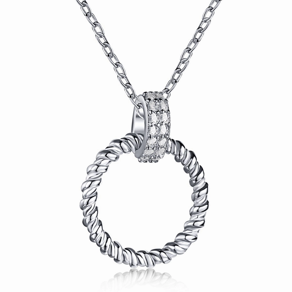 Festive Touch Sterling Silver CZ Rondelle and Textured Circle Pendant Necklace