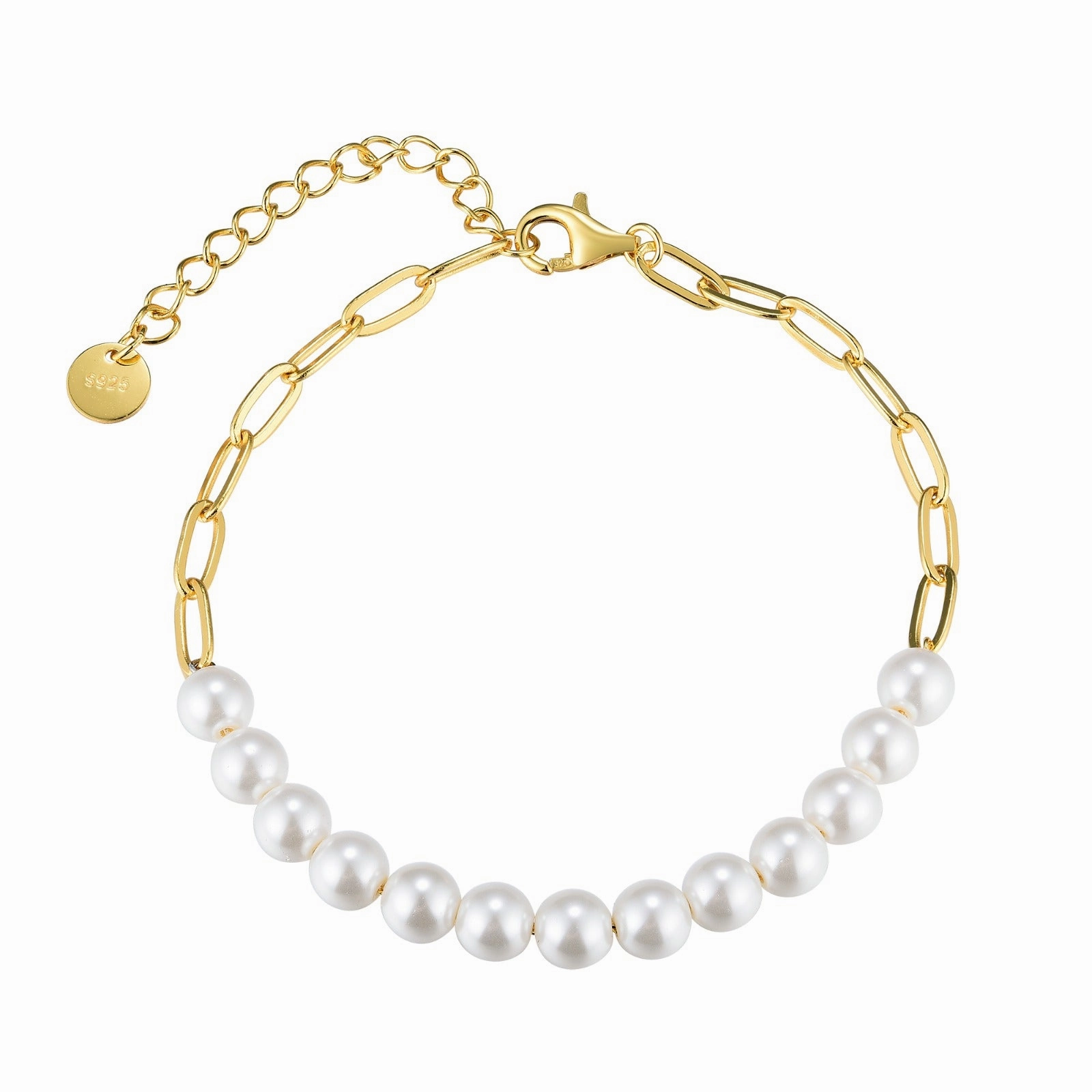 Gold Plated Sterling Silver Paperclip Chain With Pearl Bracelet Daily Collection