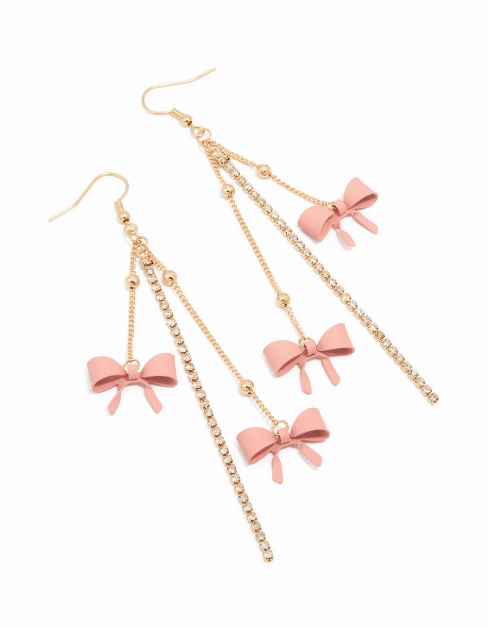Gold Pink Bow Chain Drop Earrings Luxe Mood