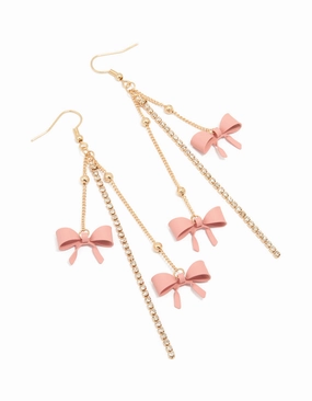 Gold Pink Bow Chain Drop Earrings Timeless Design Versatile Piece